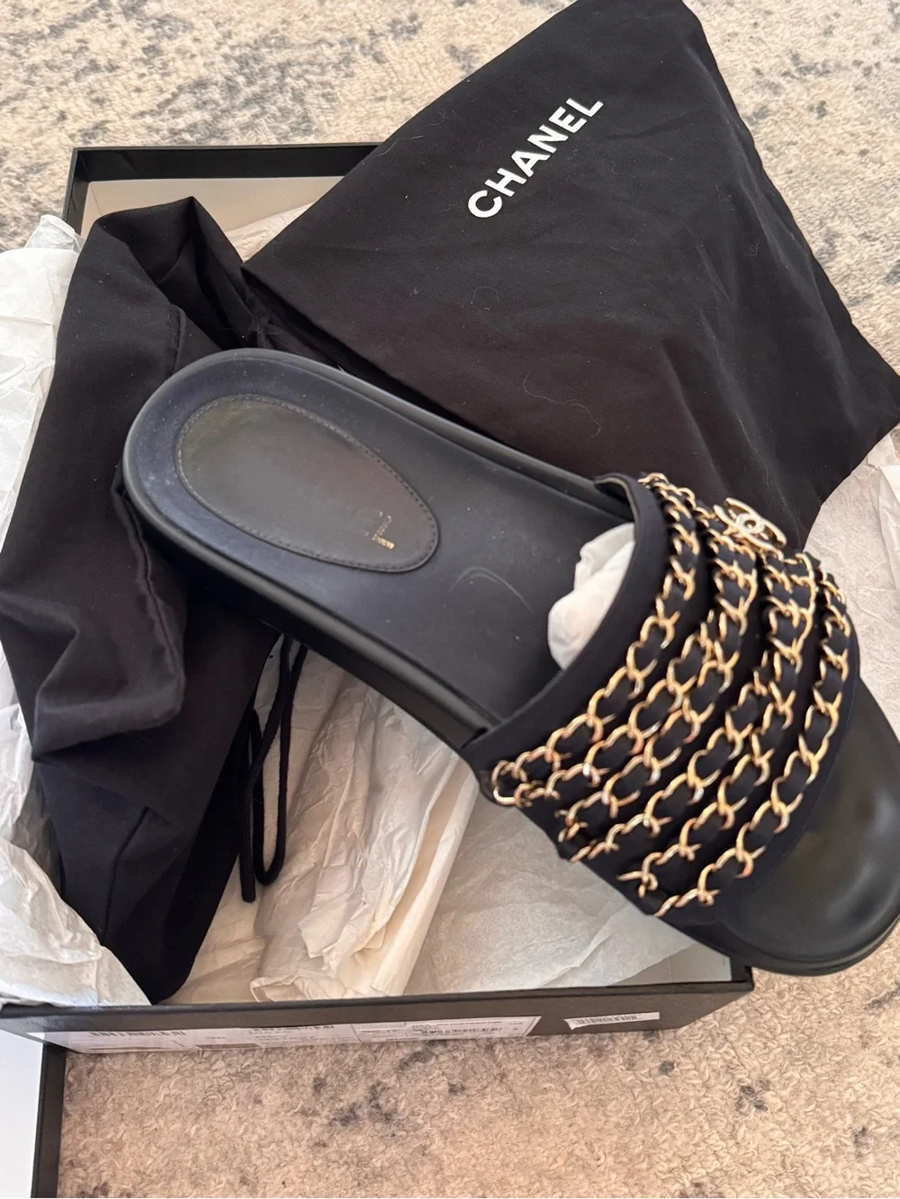 Chanel Navy Blue Chain REV Slides